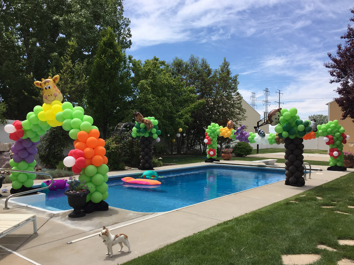 Balloon decorations around a swimming pool made by the Utah Balloon Guru